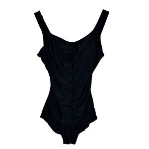 Island Pearls Women One Piece BathingSuit Swimsuit 10 Black Ruched Tummy Control